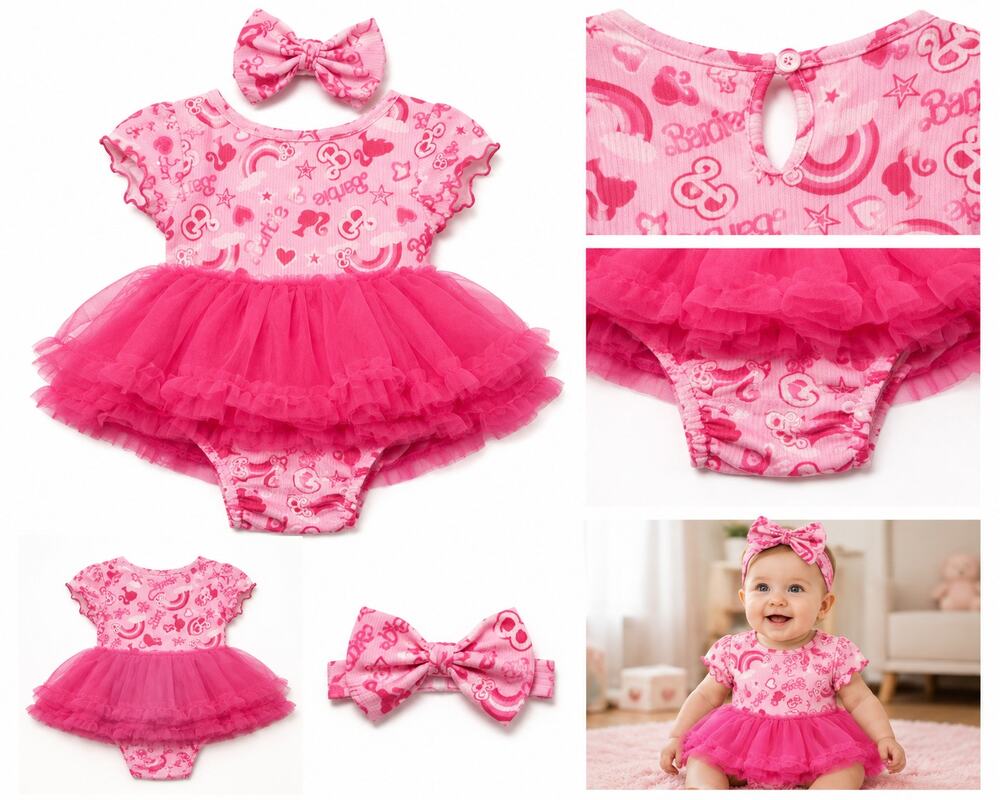 Barbie Baby Girl Tutu Bodysuit Dress with Matching Bow Headband - 18 Mos